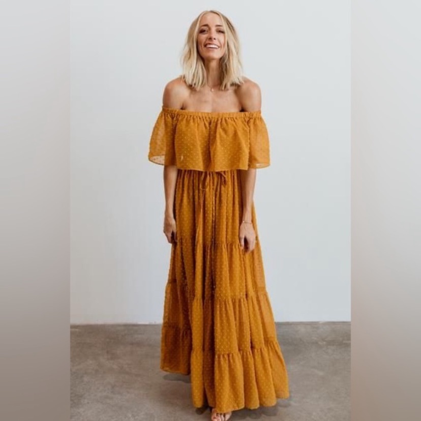 Baltic Born Elegant Mustard Off-Shoulder Swiss Dot Maxi Dress